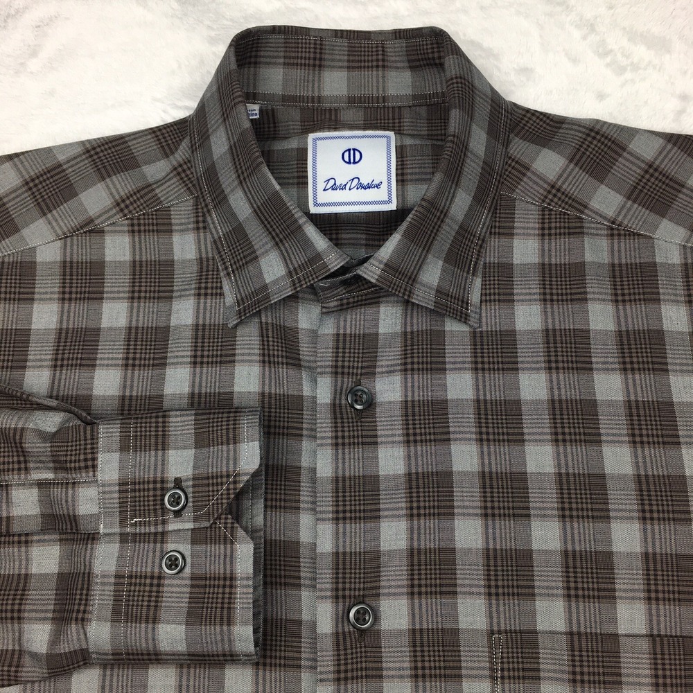 David Donahue Dress Shirt Mens Medium Gray Plaid Long Sleeves